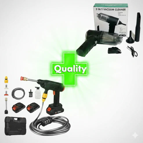 COMBO POWER CLEAN: HIDROLAVADORA + ASPIRADORA PORTÁTIL (DOBLE BATERÍA + MALETÍN)