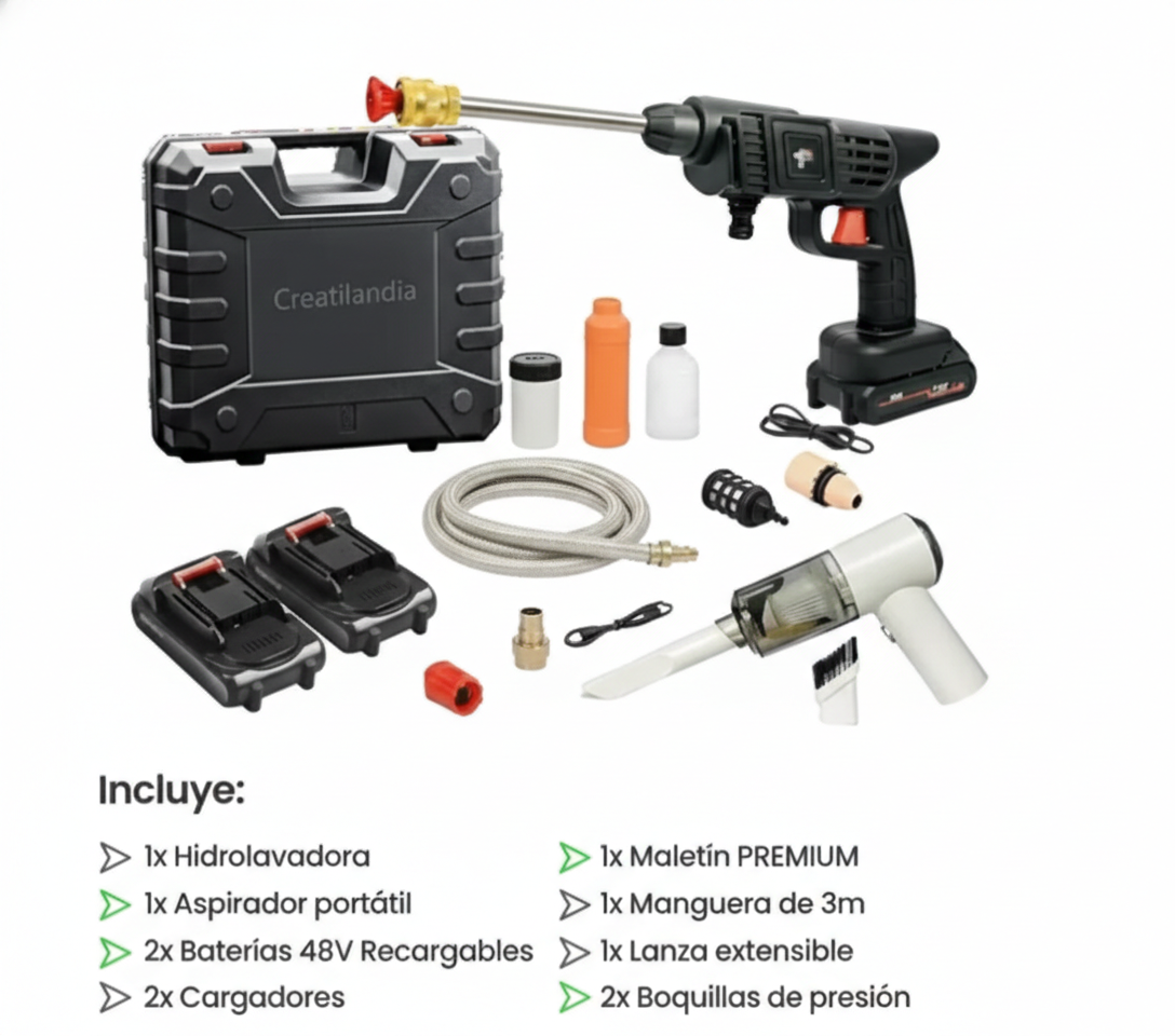 COMBO POWER CLEAN: HIDROLAVADORA + ASPIRADORA PORTÁTIL (DOBLE BATERÍA + MALETÍN)