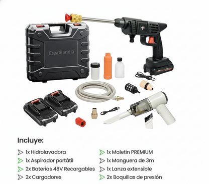 COMBO POWER CLEAN: HIDROLAVADORA + ASPIRADORA PORTÁTIL (DOBLE BATERÍA + MALETÍN)