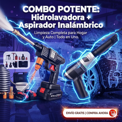 COMBO POWER CLEAN: HIDROLAVADORA + ASPIRADORA PORTÁTIL (DOBLE BATERÍA + MALETÍN)